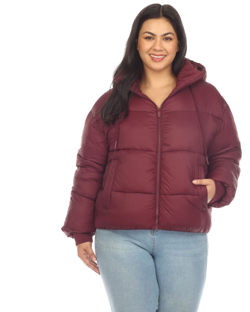 Front of a model wearing a size 2X Women's Full Front Zip Hooded Bomber Puffer Coat in Burgundy by White Mark. | dia_product_style_image_id:306514